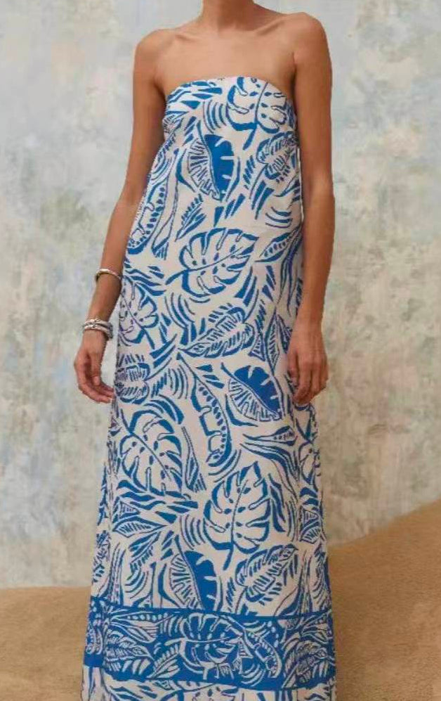 TROPICAL LEAF STRAPLESS MAXI DRESS, BEACH PARTY