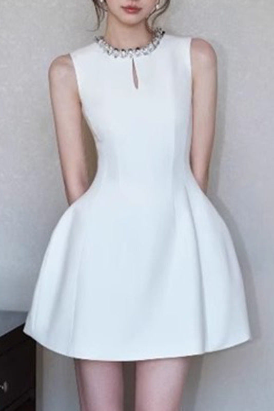 ALYSSA WHITE SLEEVELESS ROUND NECK DIAMOND DRESS