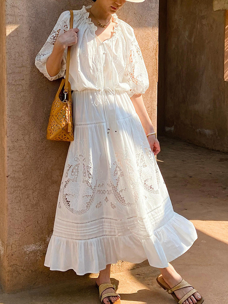WHITE EYELET TIERED MAXI DRESS WITH PUFF SLEEVES