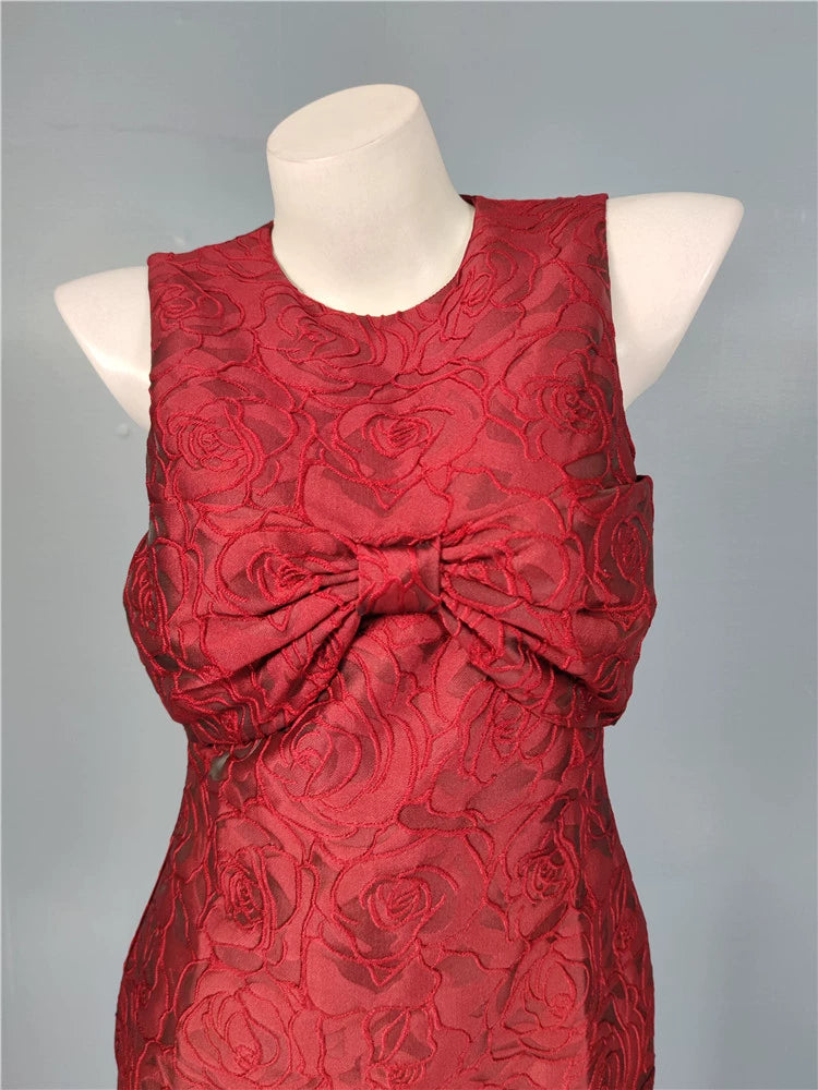 BURGUNDY BOW JACQUARD MINI PARTY DRESS