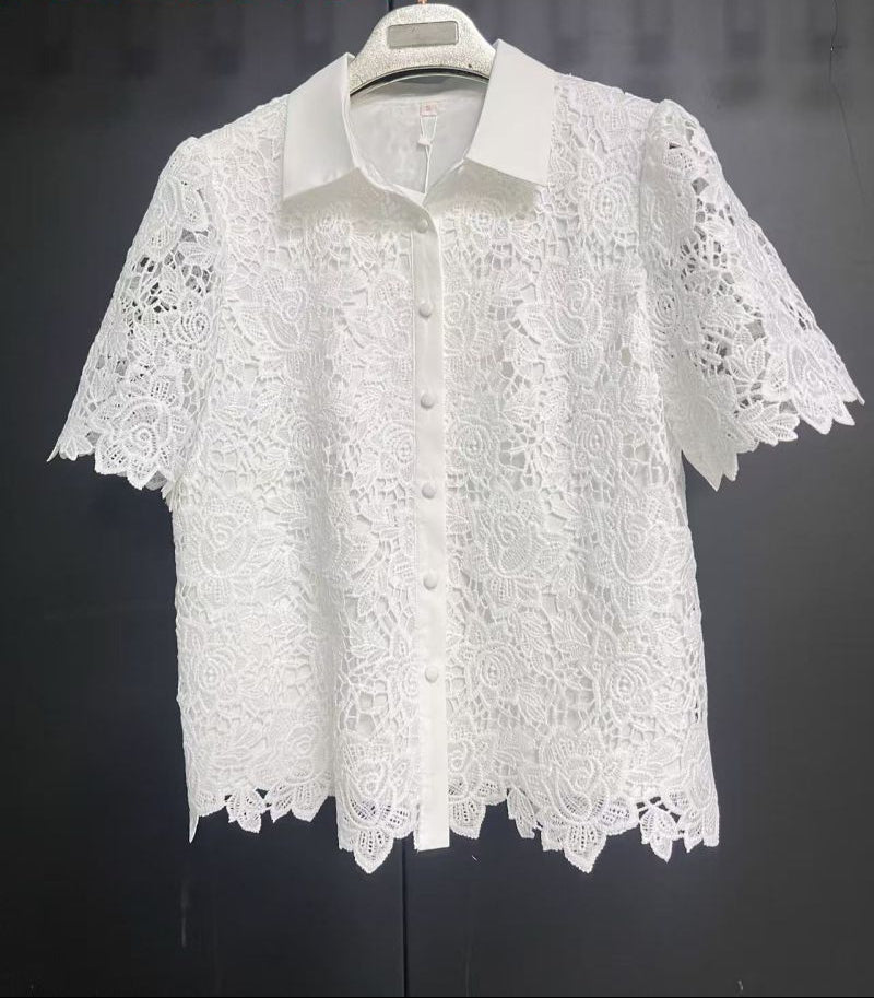 WHITE LACE CUT-OUT SHORT SLEEVE SHIRT TOP