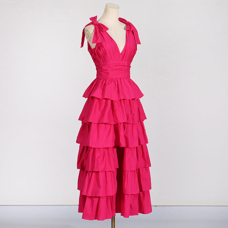 PLUNGE V-NECK RUFFLE TIERED SLIT GOWN PINK