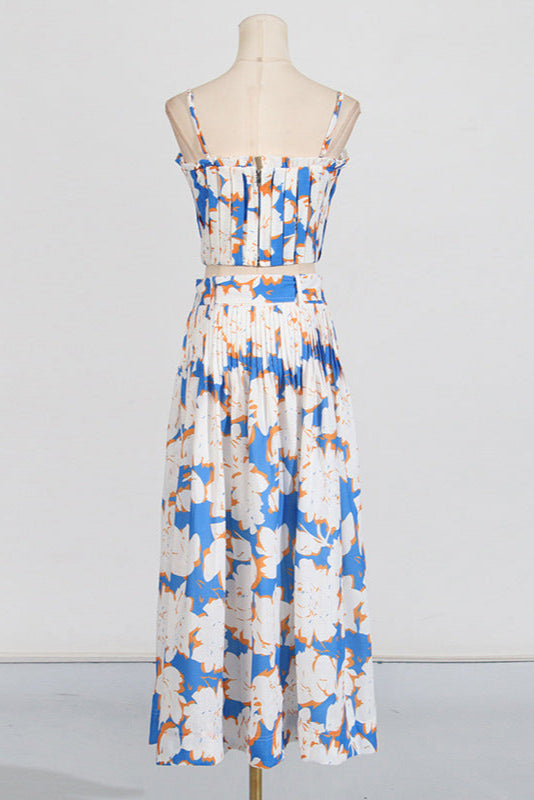 PLEATED FLORAL BUSTIER TOP & SKIRT SET, BLUE, BEACH