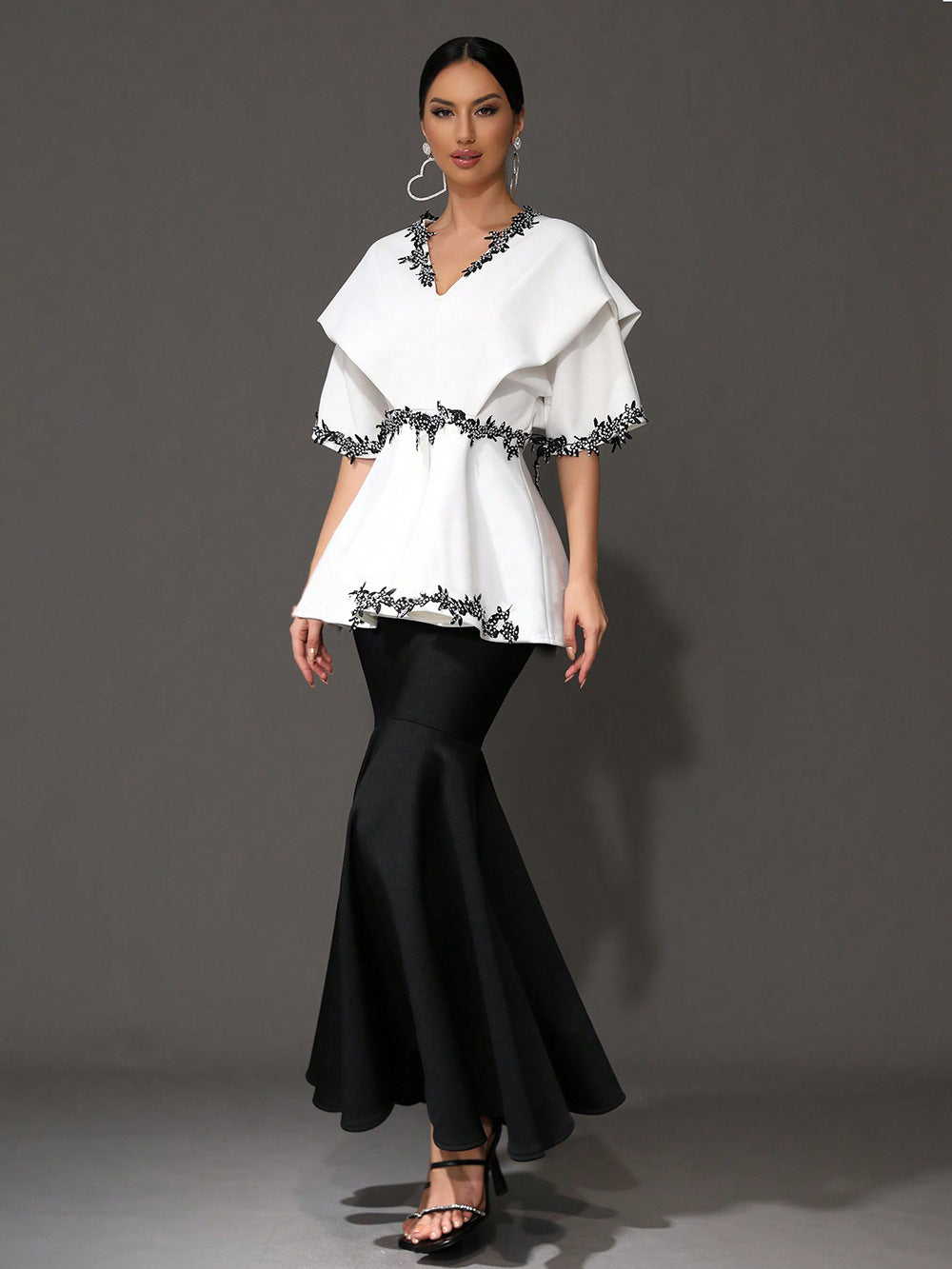 JOANNA V-NECK FLORAL BANDAGE TWO-PIECE SET FOR PARTIES