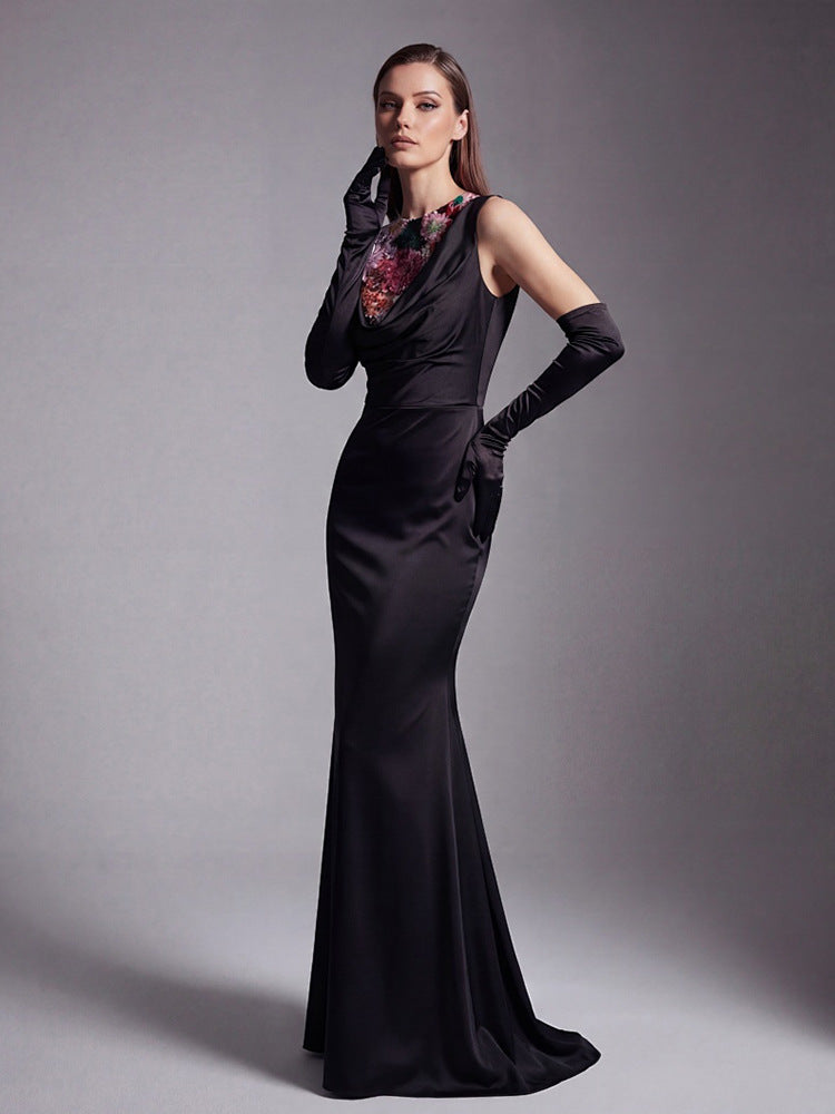 ANILA BLACK FLORAL EMBROIDERY JERSEY MAXI DRESS