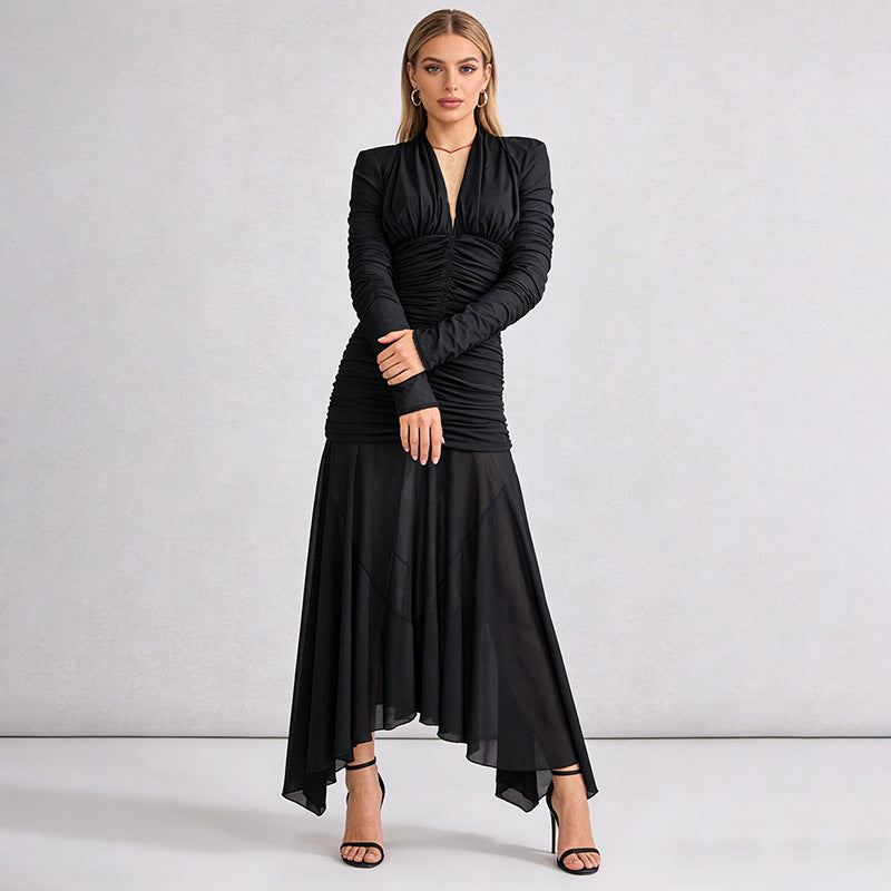 JOSEPHINE V-NECK RUCHED MAXI DRESS, BLACK