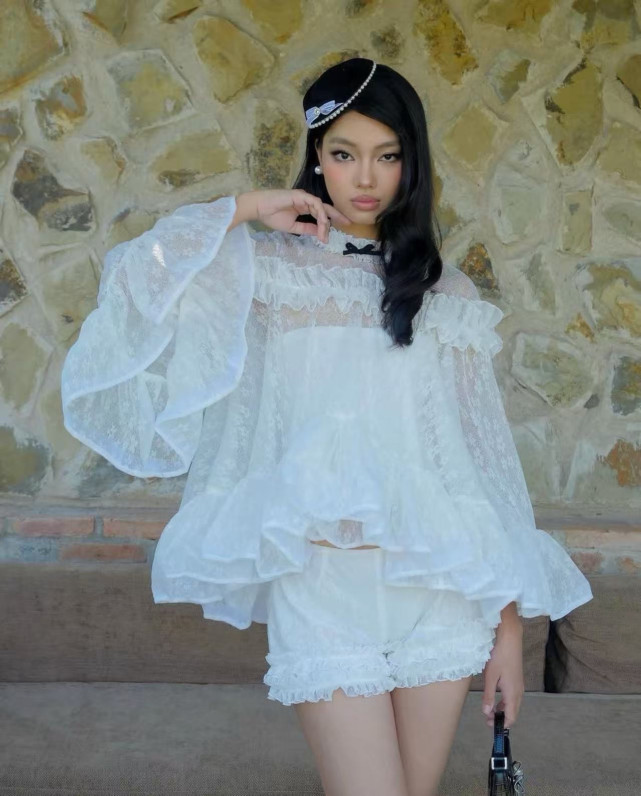 VANESSA WHITE LACE RUFFLED TOP & SHORTS SET