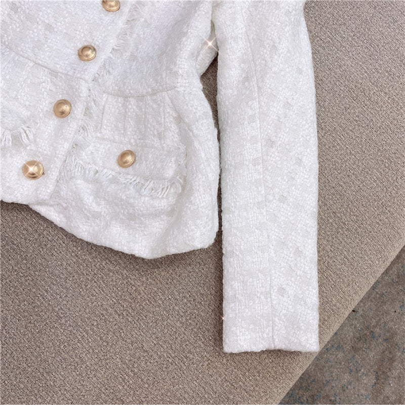 METAL BUTTON WOOL SHORTS SET - WHITE OFFICE WEAR