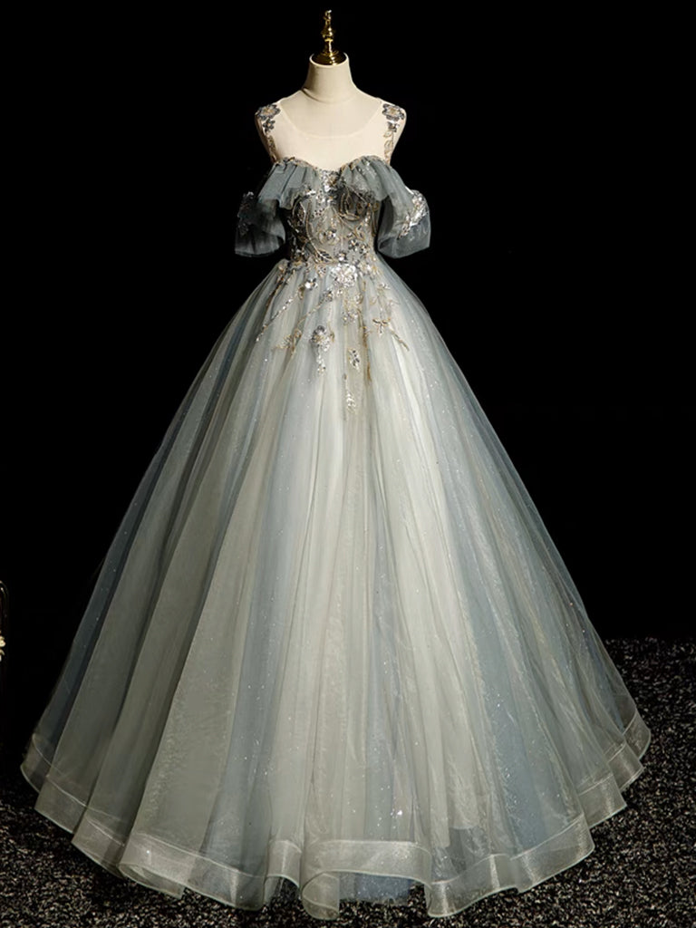 A-LINE TULLE GRAY BLUE PROM DRESS