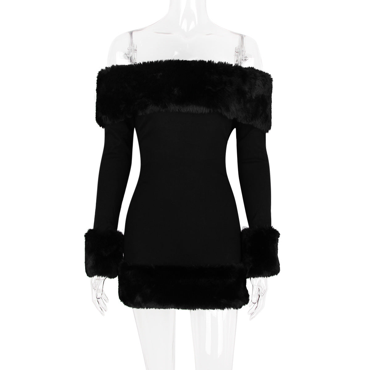 RITA BLACK OFF-SHOULDER MINI FUZZY PARTY DRESS