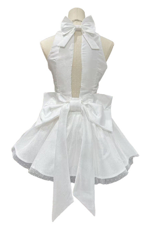 NORA OFF-SHOULDER LACE BOW MINI DRESS WHITE