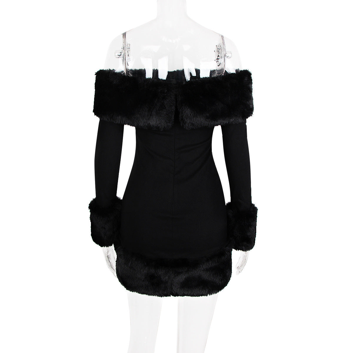 RITA BLACK OFF-SHOULDER MINI FUZZY PARTY DRESS