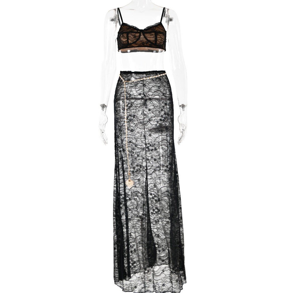LACE WAIST CHAIN SKIRT SET BLACK PARTY OUTFIT