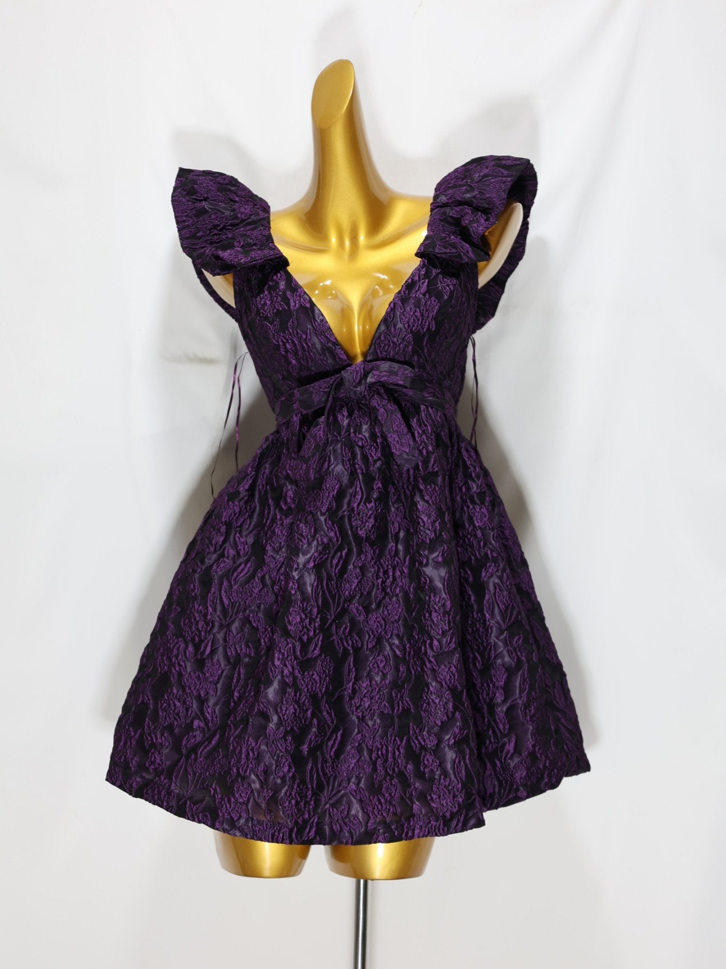 JACQUARD PLUNGE MINI DRESS, DEEP PURPLE PARTY SILHOUETTE