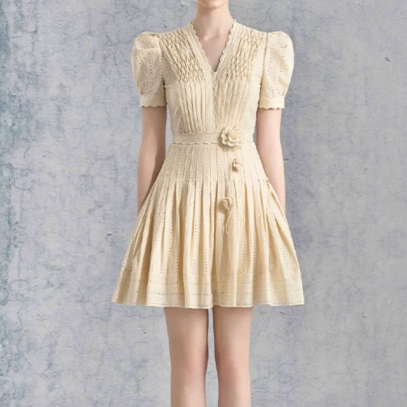 PLEATED V-NECK A-LINE SKIRT WITH FLORAL WAIST