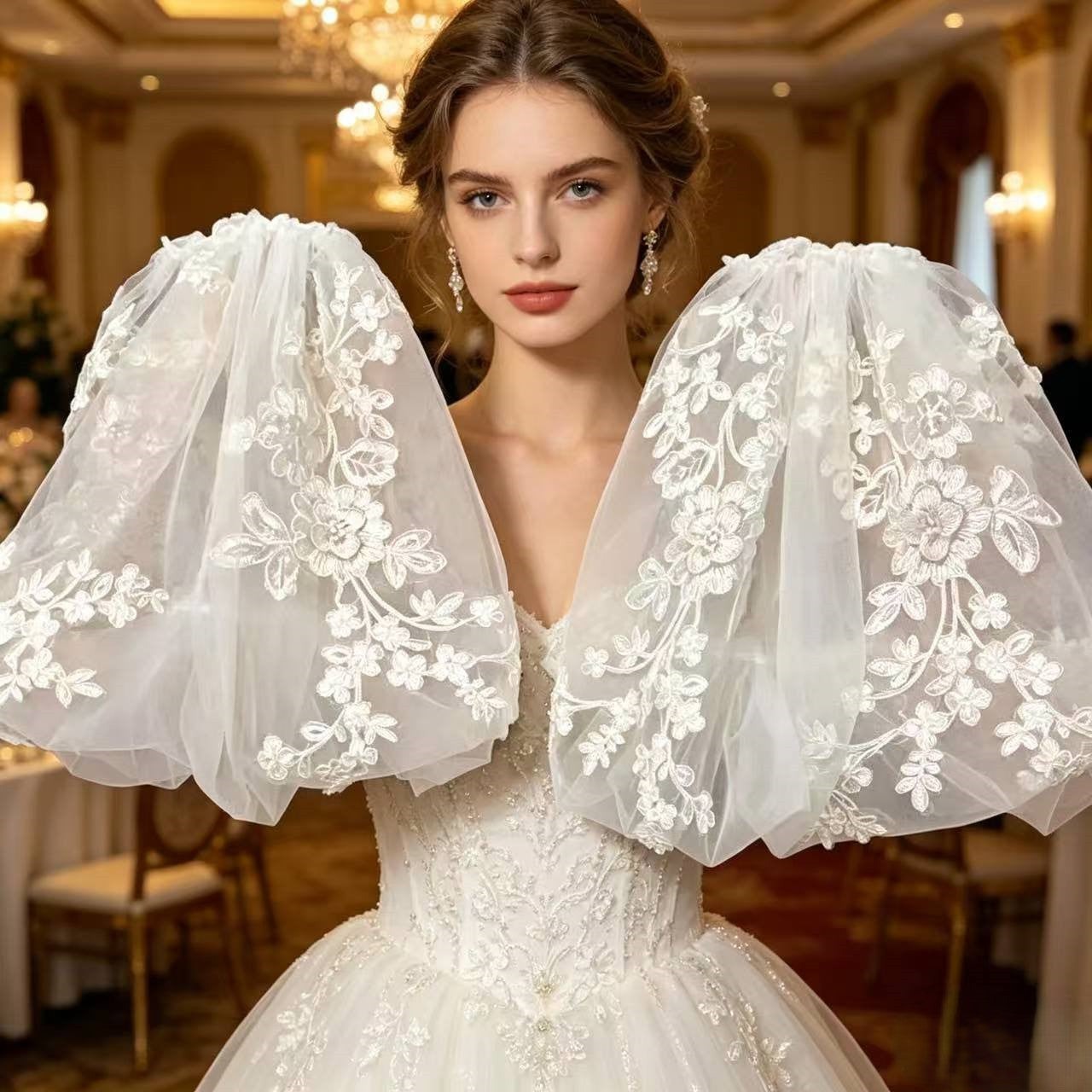 SATIN V-NECK A-LINE WEDDING DRESS W/ DETACHABLE LACE SLEEVES