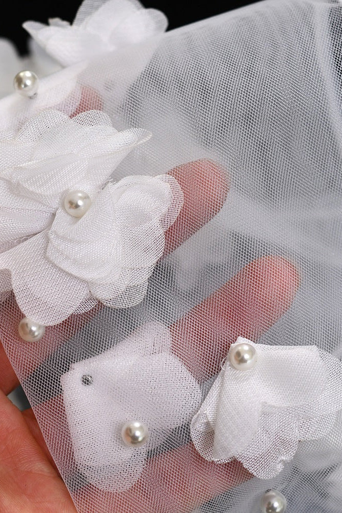 SHEER TULLE DETACHABLE SLEEVES, 3D FLOWERS & PEARLS