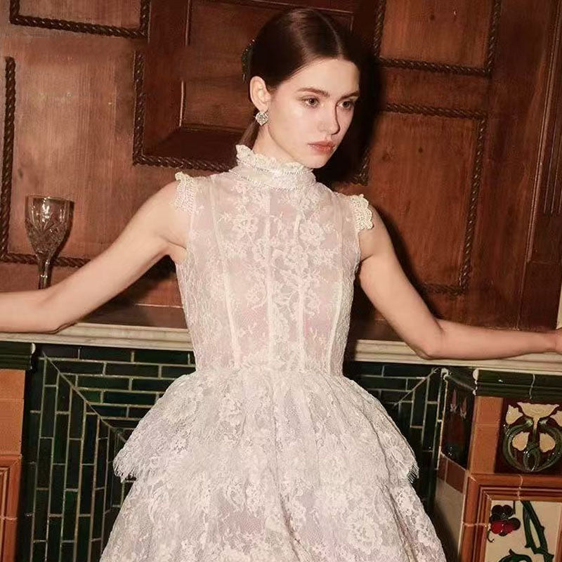 SLEEVELESS STAND COLLAR LACE TUTU MINI DRESS WHITE