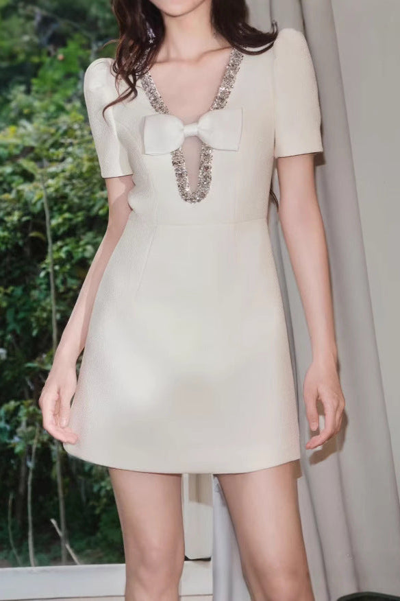 V-NECK DIAMOND CHAIN BOW MINI DRESS IVORY