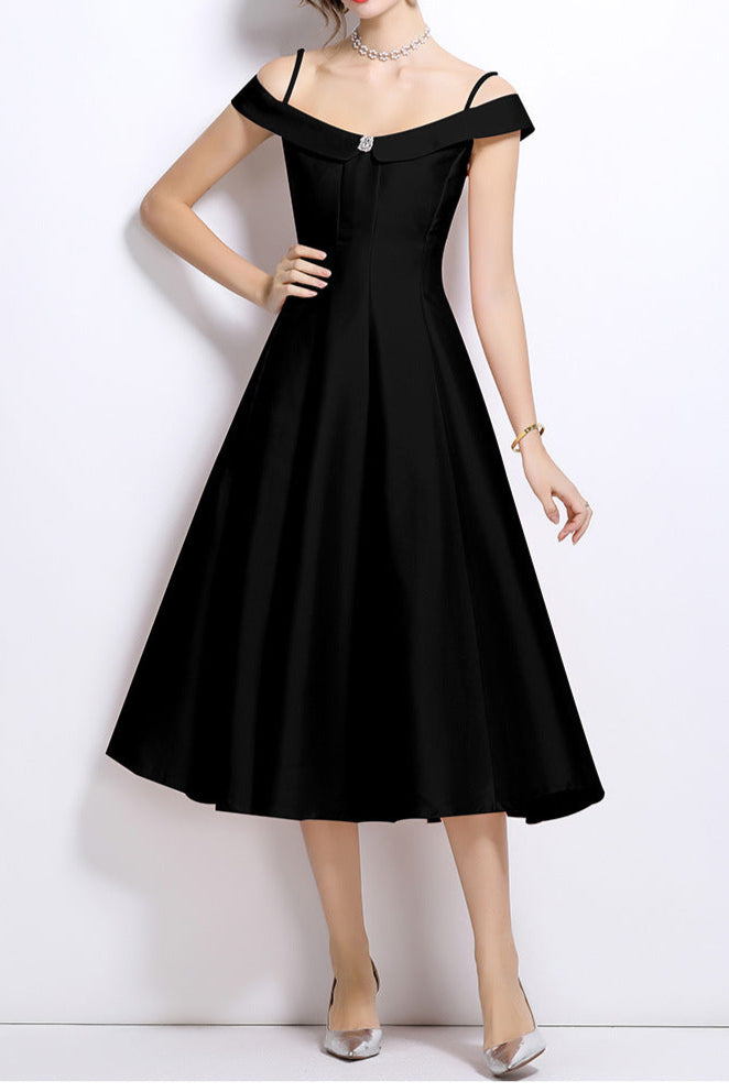 MEROY OFF-SHOULDER SATIN MIDI DRESS BLACK