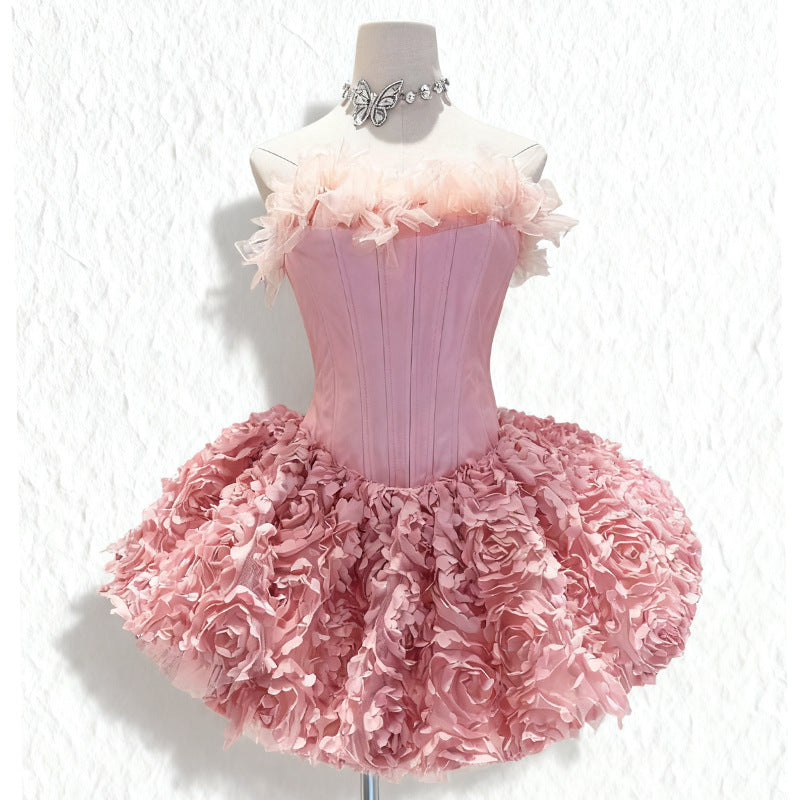 ALBERTA 3D FLOWER STRAPLESS PINK MINI DRESS