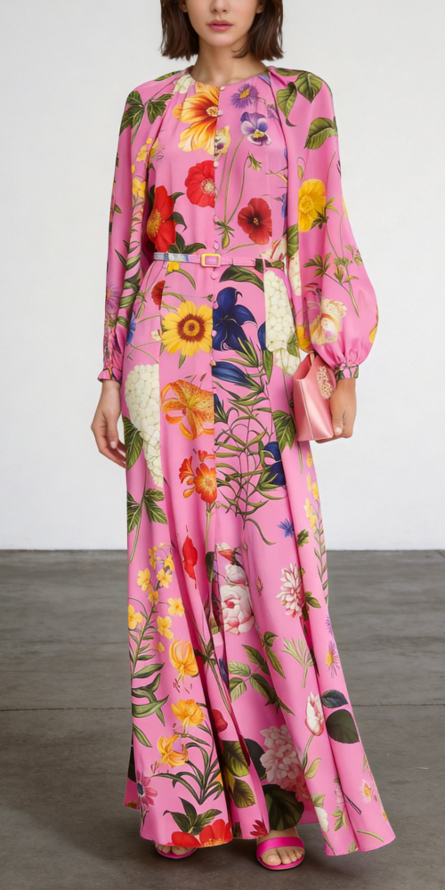 pink floral print single-breasted satin maxi dress