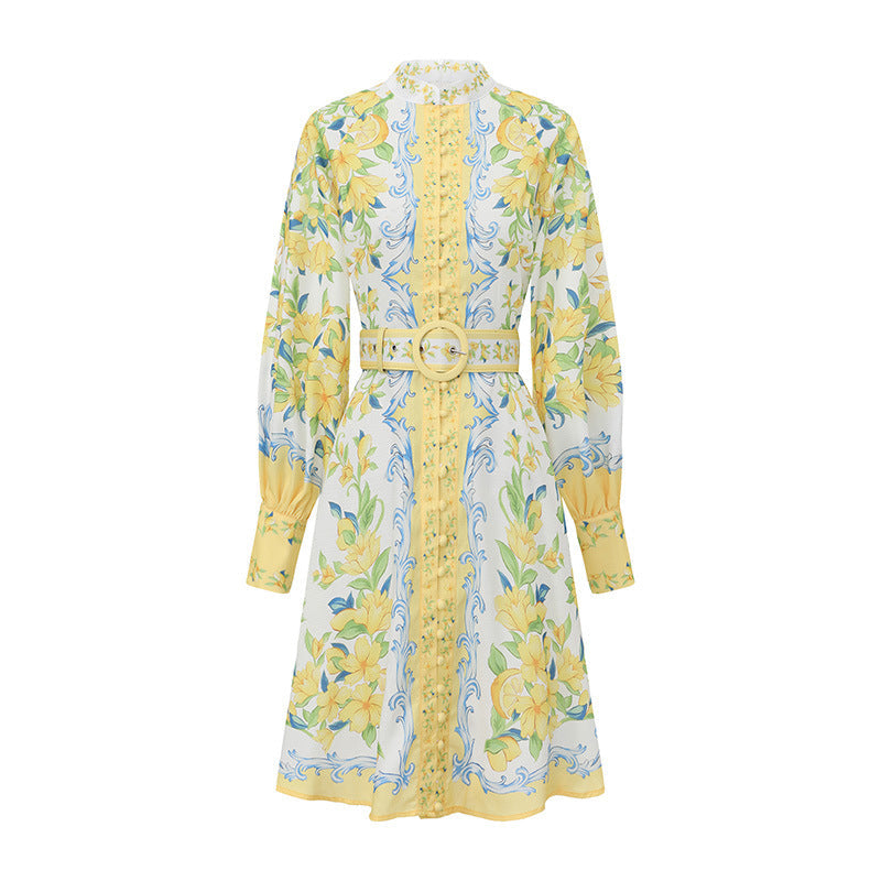 LEMON FLORAL SINGLE-BREASTED MIDI DRESS WITH BELT - YELLOW