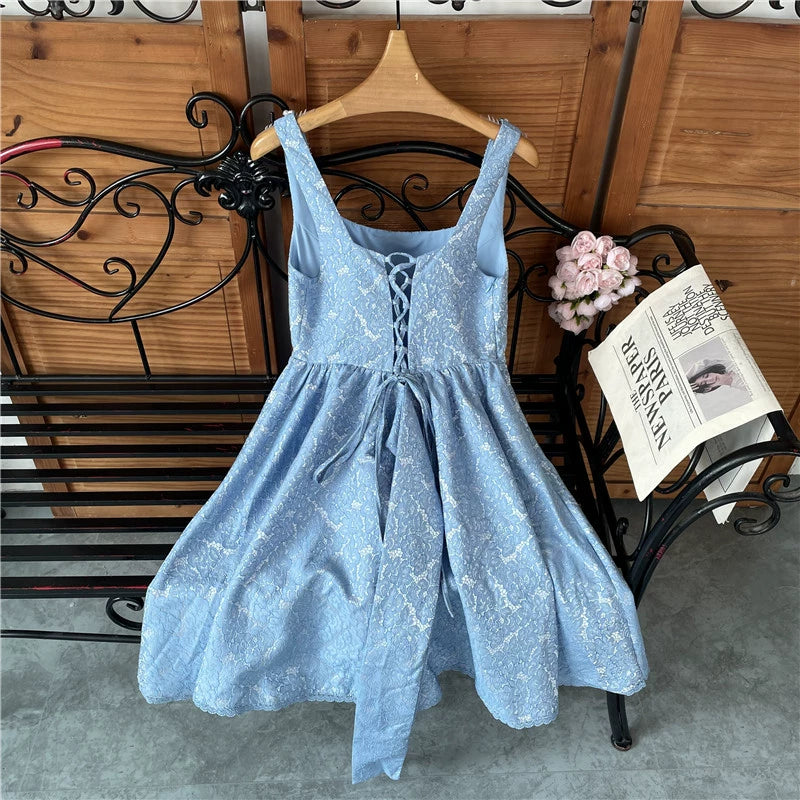 BEADED SQUARE NECK BOW A-LINE MINI DRESS FOR PARTY