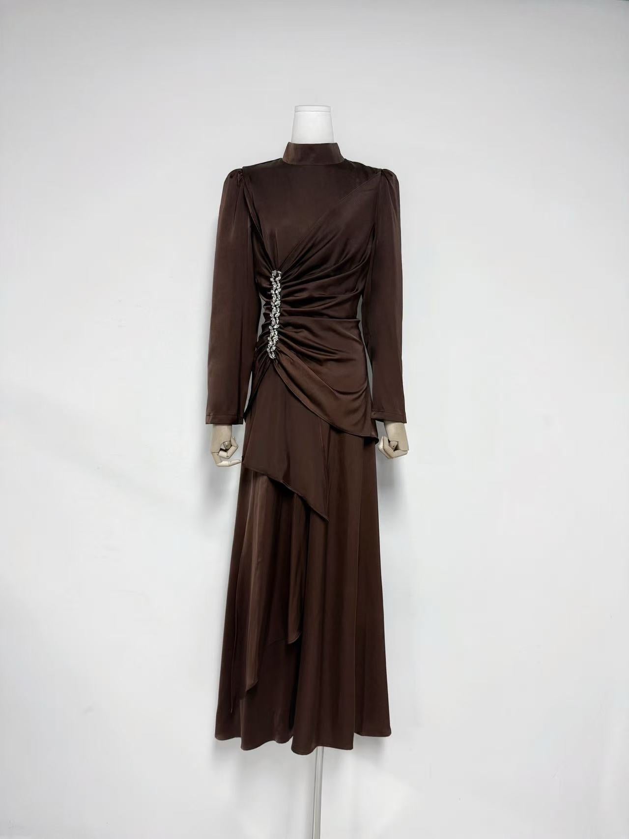 BEULAH BEADED PLEATED MAXI DRESS, BROWN