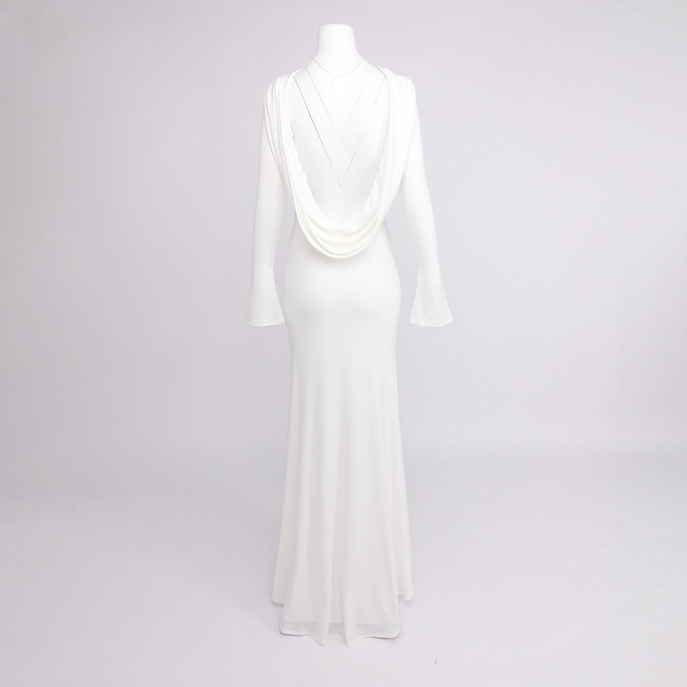 GLORIA DRAPED BACKLESS WHITE MAXI DRESS