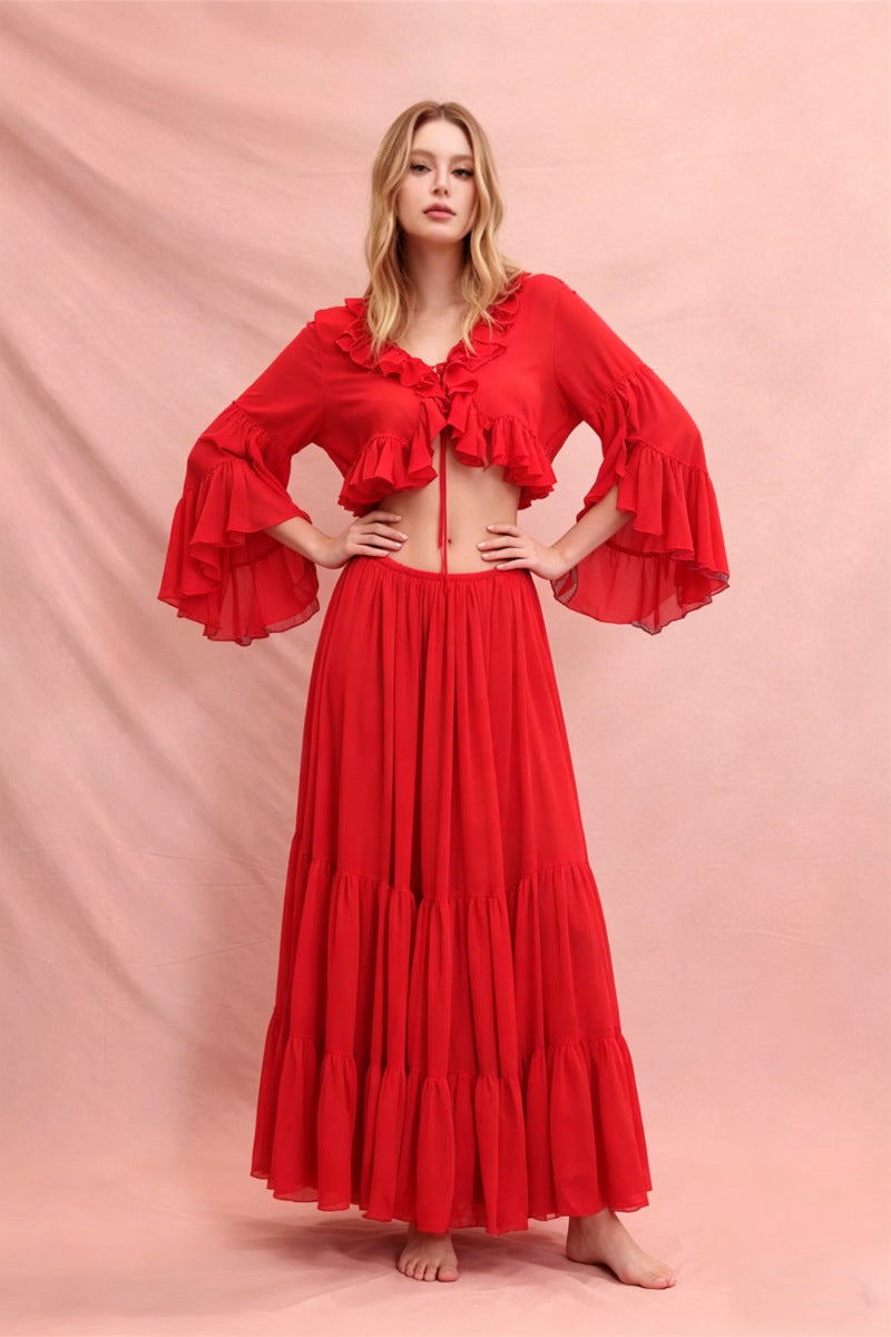 RED RUFFLE CROP CARDIGAN & MAXI SKIRT SET
