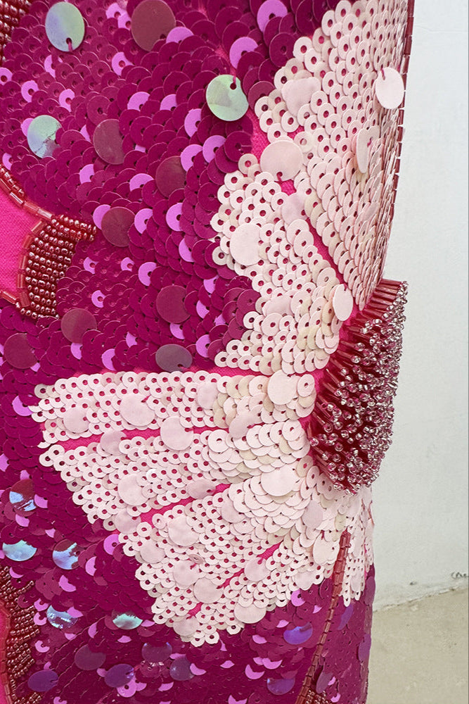 SEQUIN FLOWER PUFF SLEEVE MIDI DRESS IN PINK