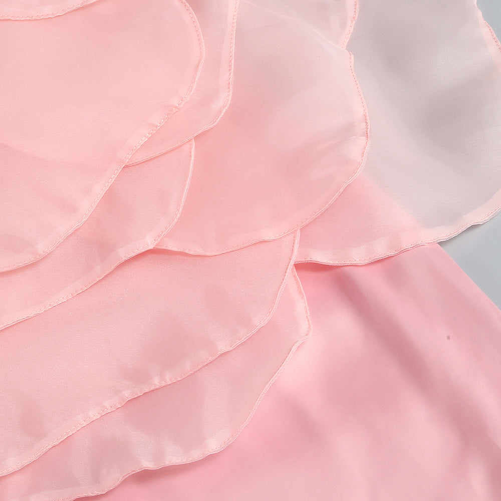 PINK ONE SHOULDER MESH FLOWER MIDI DRESS