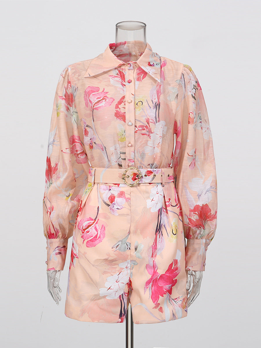 ORANGE FLORAL PRINT SHIRT SHORTS SET