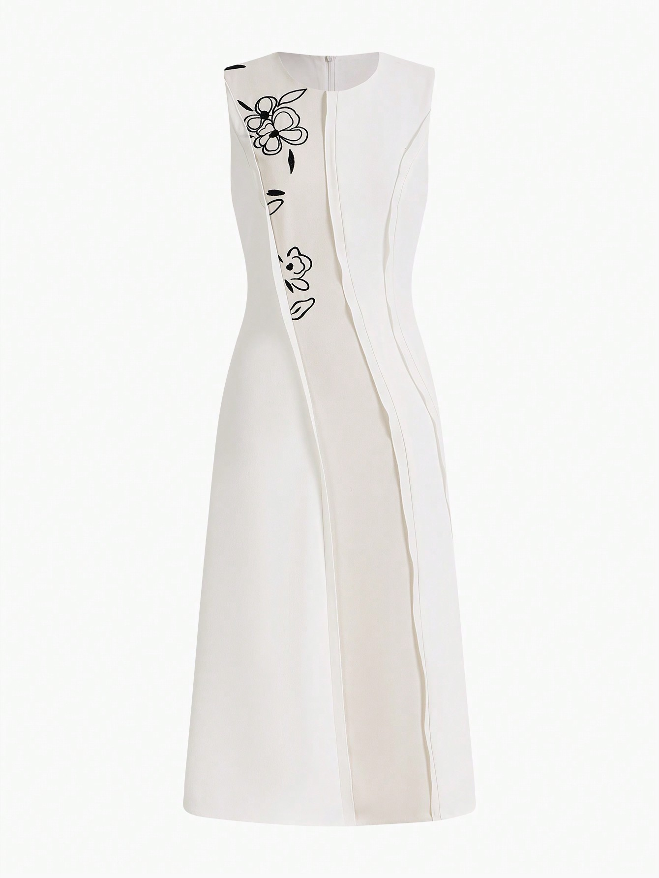 WHITE BEIGE COLOR-BLOCK FLORAL EMBROIDERED SLEEVELESS MIDI DRESS