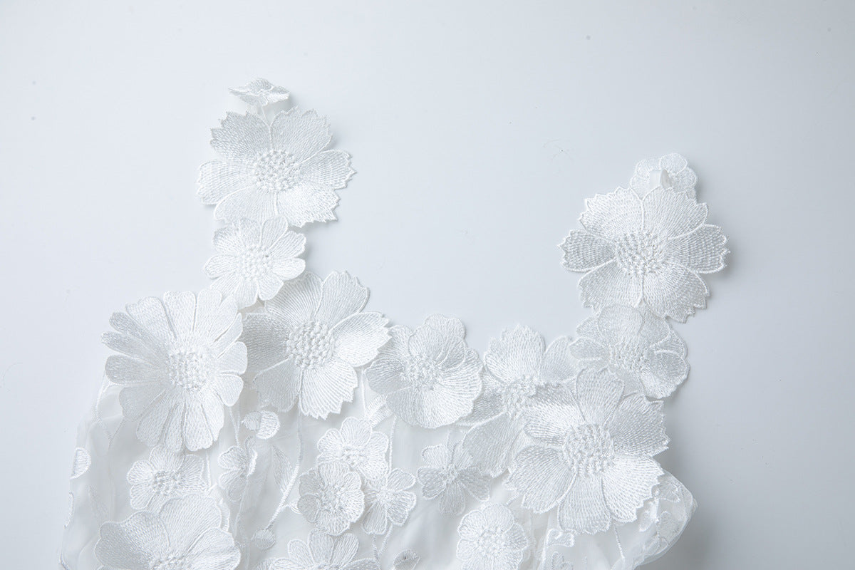 WHITE 3D FLORAL LACE MINI DRESS FOR WEDDING GUEST