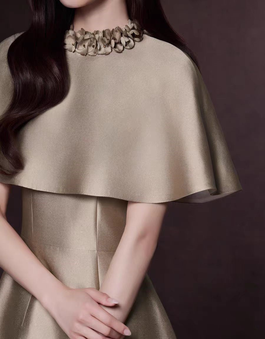 MICHELLE KHAKI SATIN CAPE MIDI DRESS