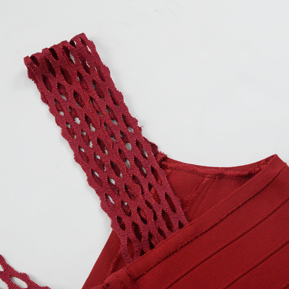 TASSEL LACE BODYCON MIDI DRESS BURGUNDY