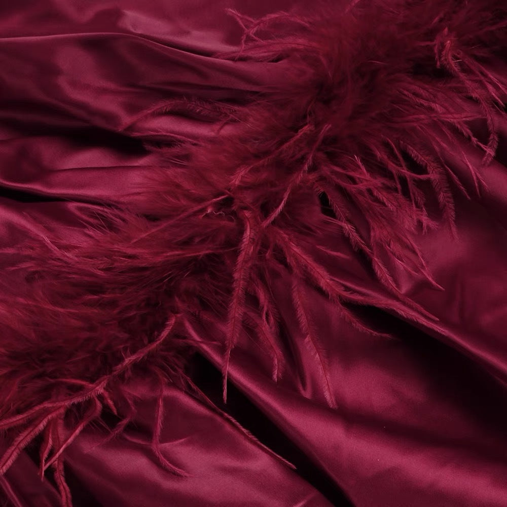 BURGUNDY FEATHER STRAPLESS MINI DRESS, PARTY