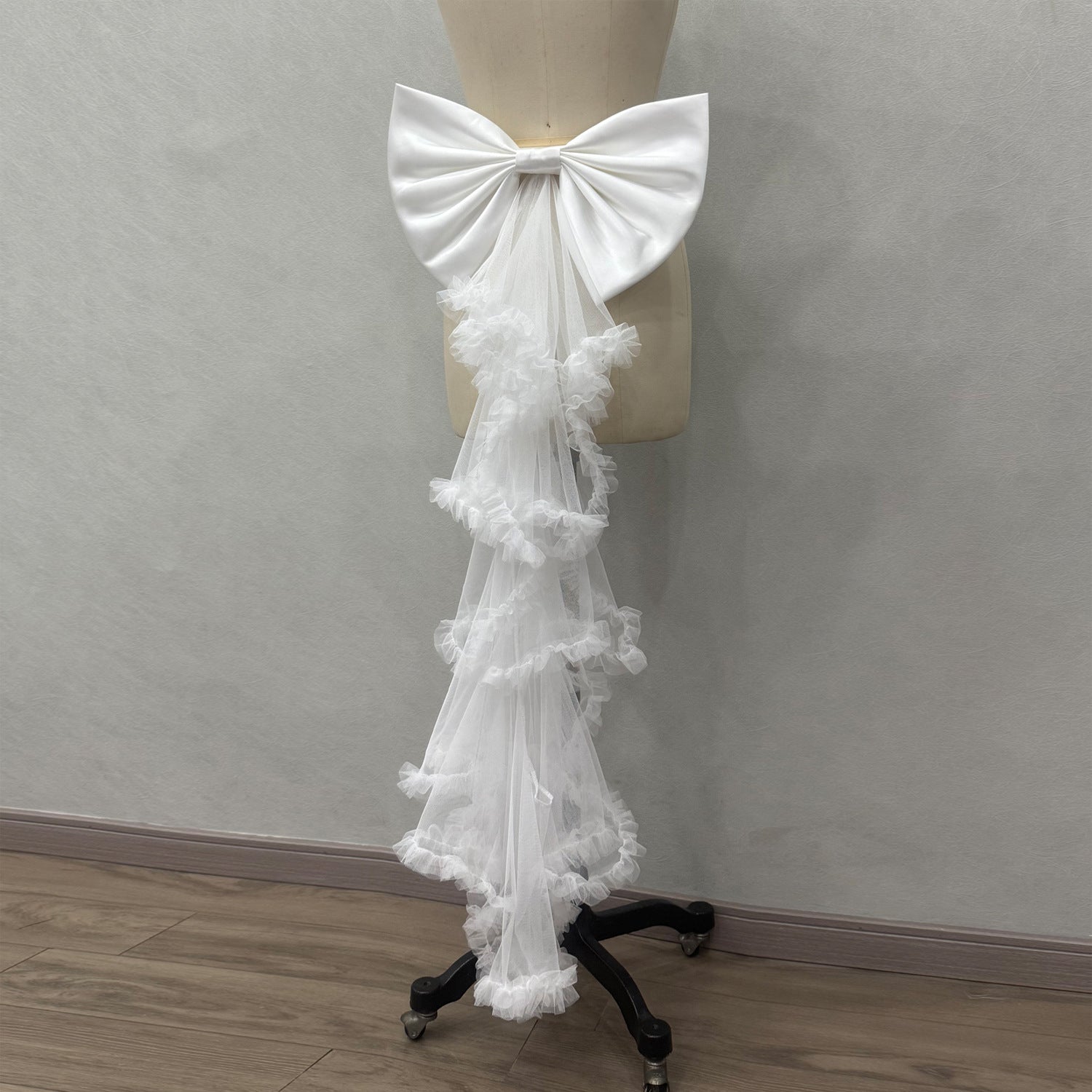 WHITE SATIN BOW TIERED TULLE BRIDAL SASH
