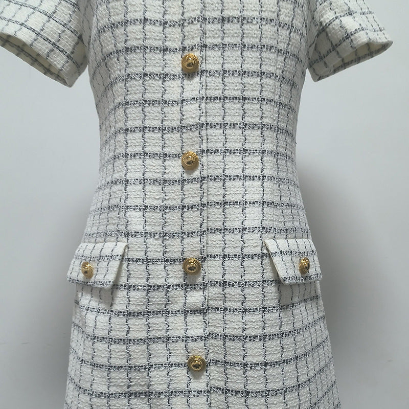 WHITE DECORATIVE BUTTON CHECK MINI DRESS FOR PARTY