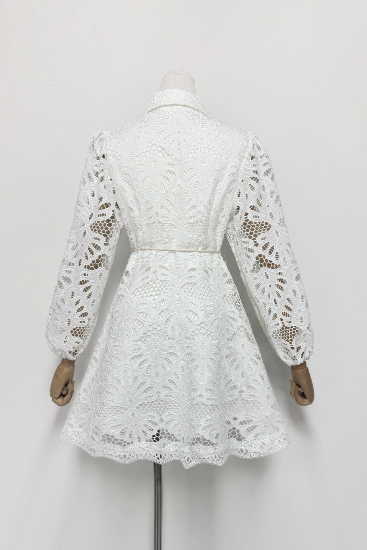 LAPEL EMBROIDERED PUFF SLEEVE MINI WHITE DRESS