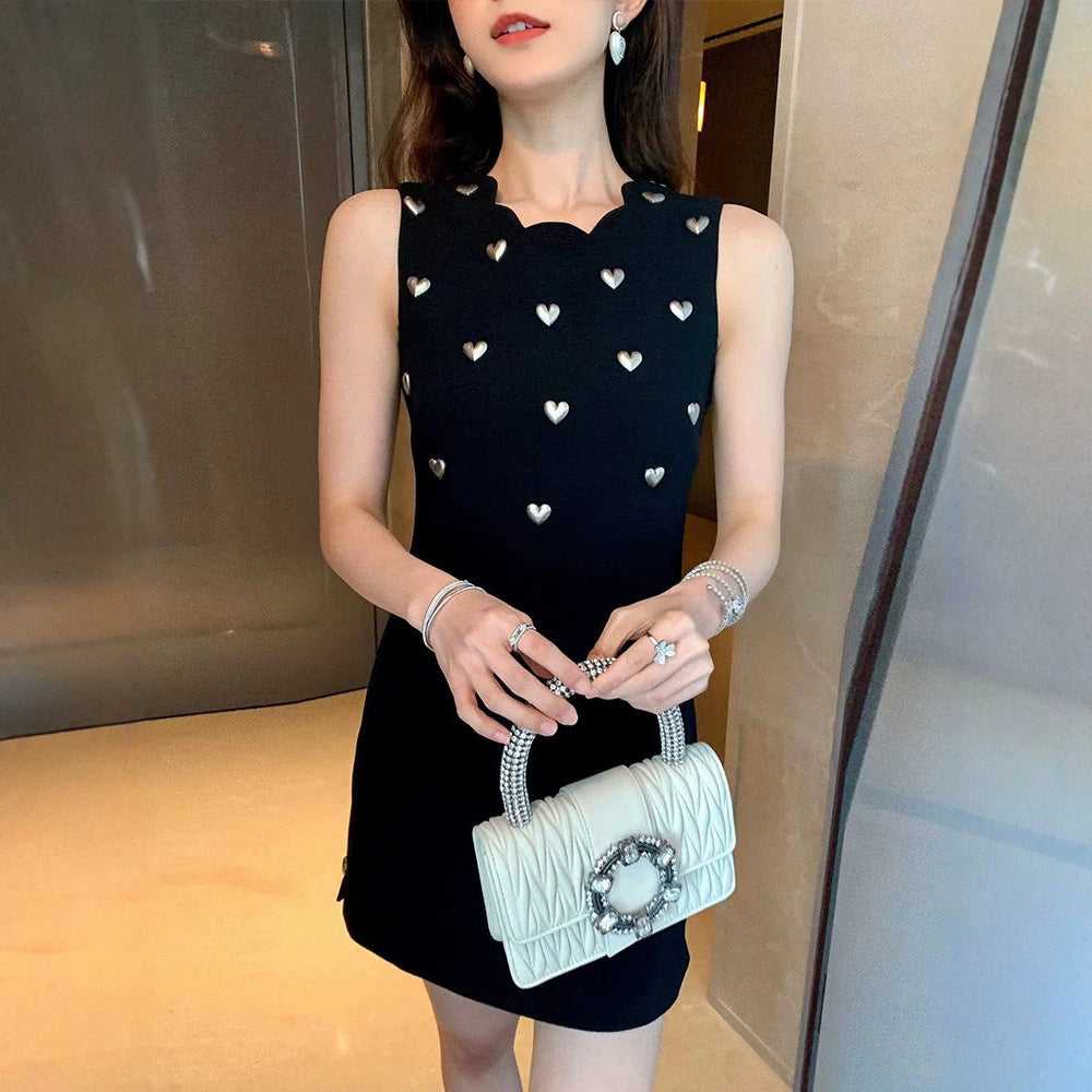 SCALLOPED NECK HEART STUD SLEEVELESS BLACK MINI DRESS