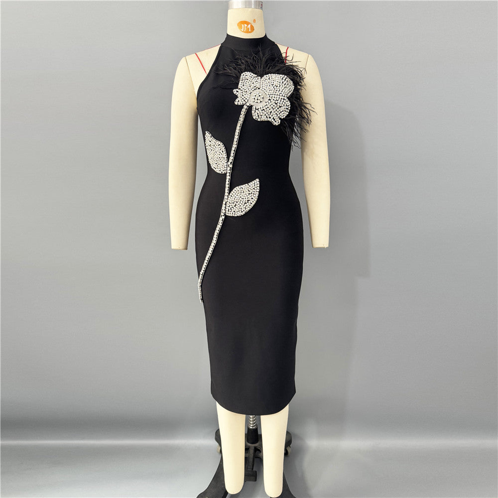 BEATRICE BLACK HALTER MIDI DRESS WITH RHINESTONE FEATHER