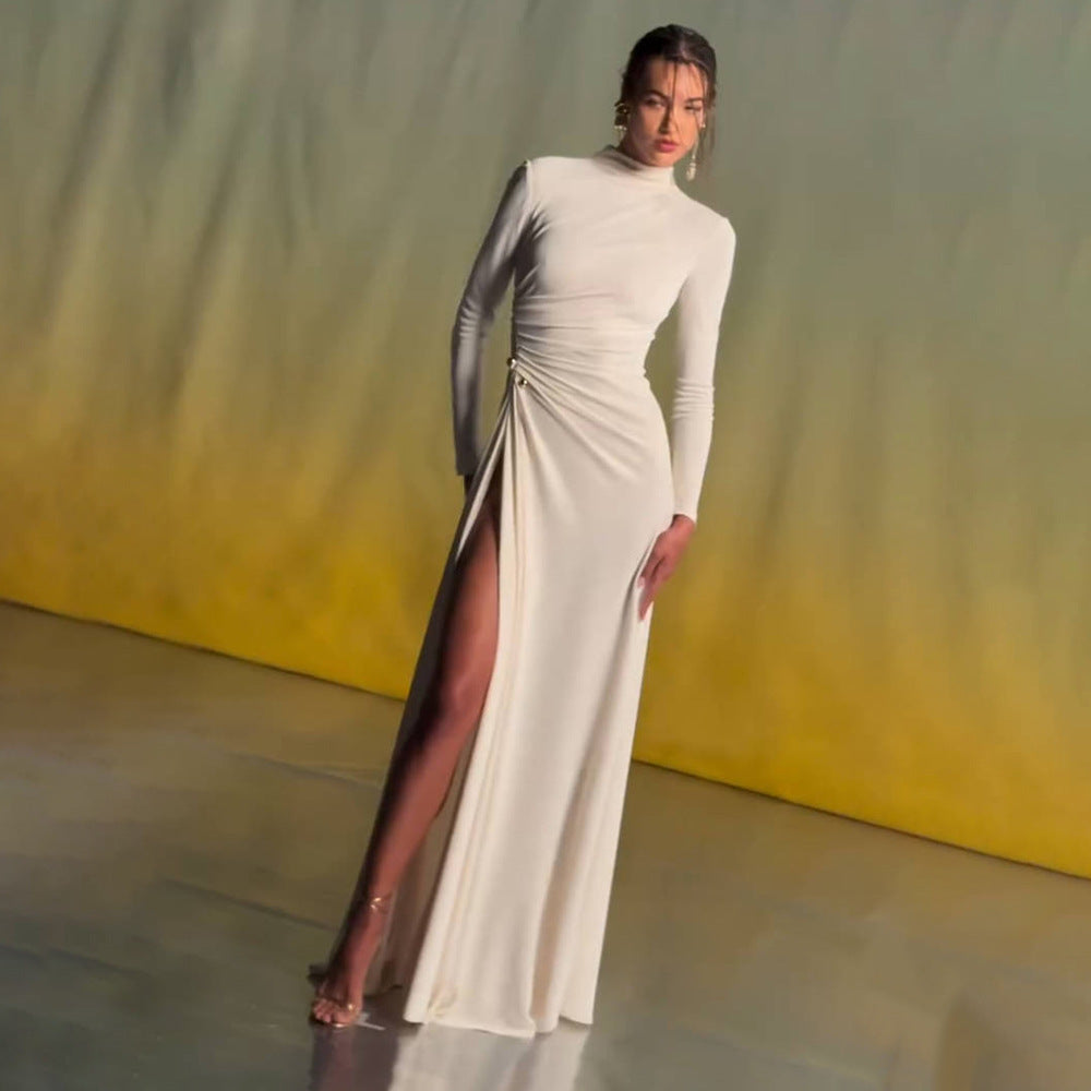 RITA METALLIC MAXI DRESS, LONG SLEEVE, HIGH SLIT, WHITE