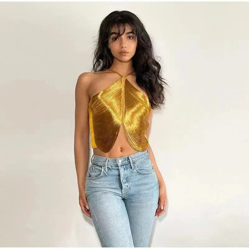 OFF SHOULDER FRINGED HALTER TOP FOR PARTY