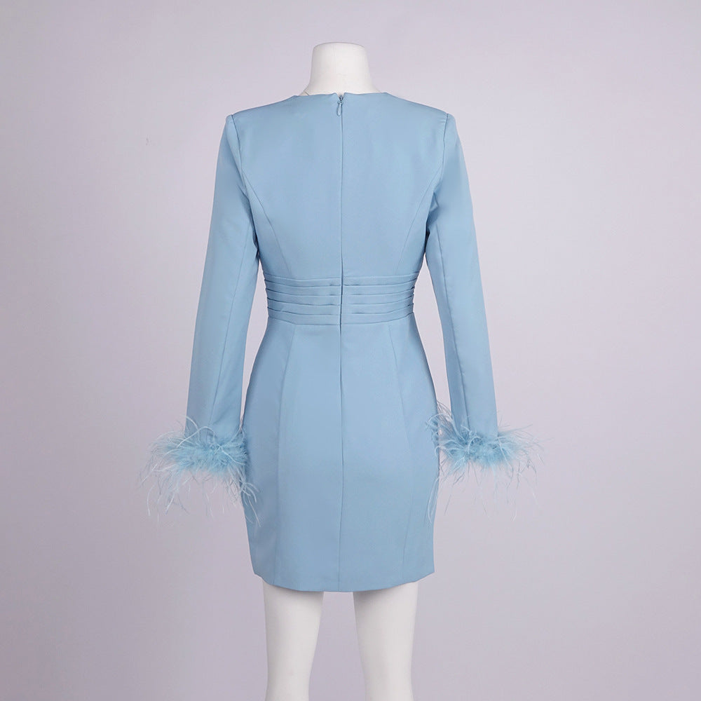 DEEP V FEATHER SLEEVE BLAZER MINI DRESS LIGHT BLUE