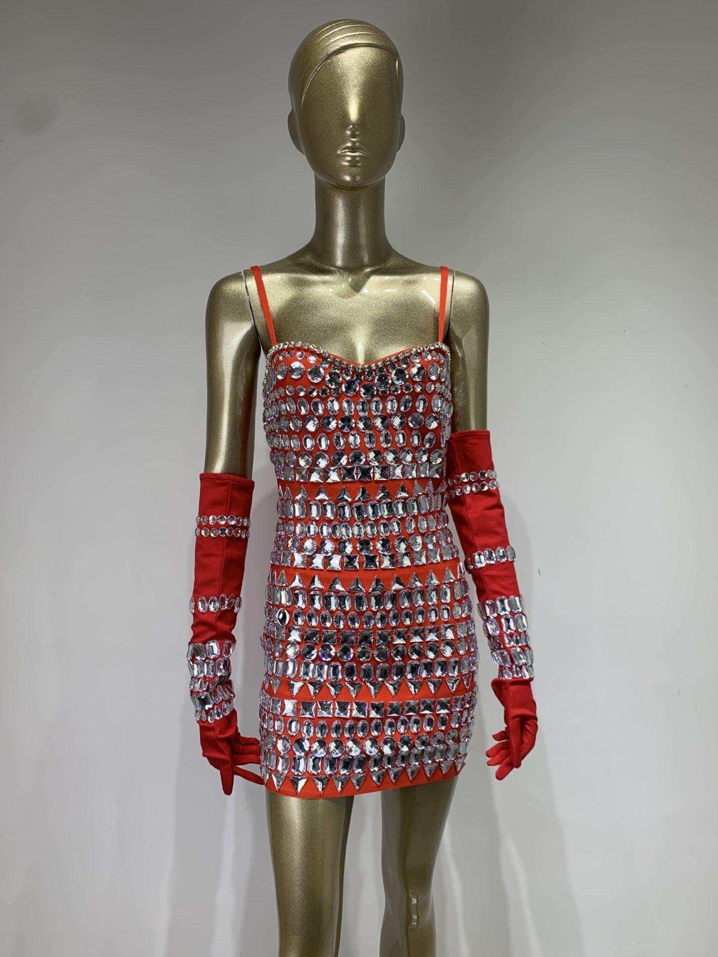 CRYSTAL RED BANDAGE DRESS W/ GLOVES - EVENING PARTY