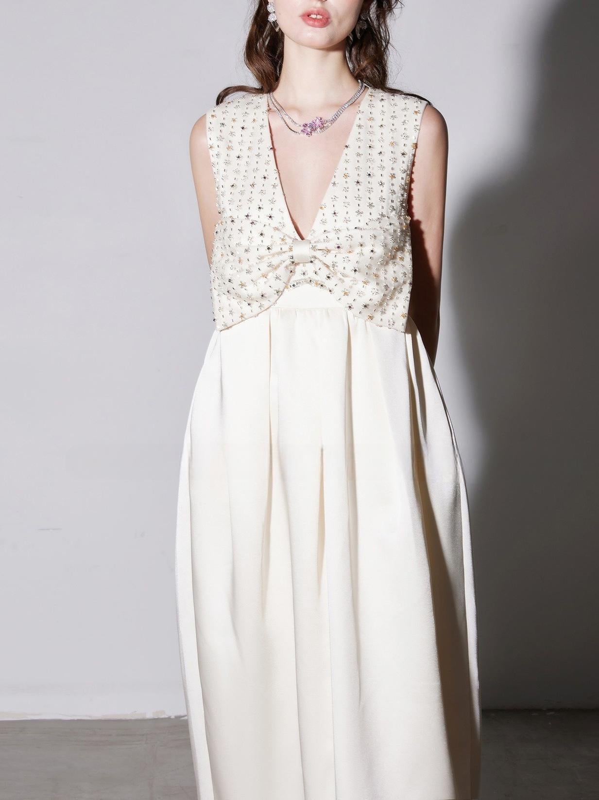 ALVA V-NECK SATIN MAXI DRESS, WHITE, RHINESTONE EMBROIDERY