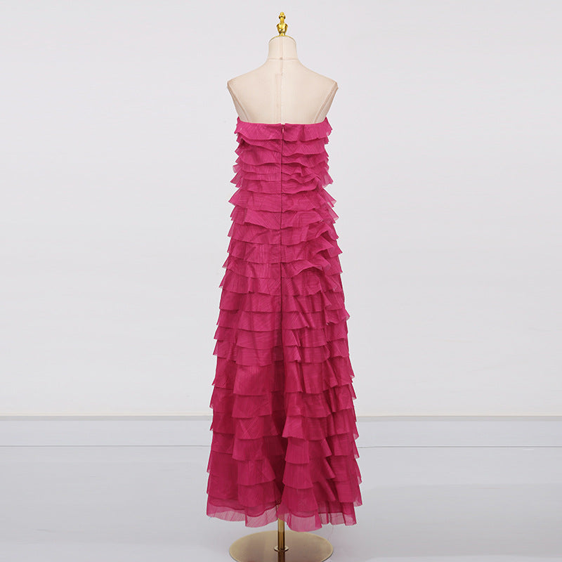 CATHY PLEATED STRAPLESS MAXI DRESS IN ROSE RED